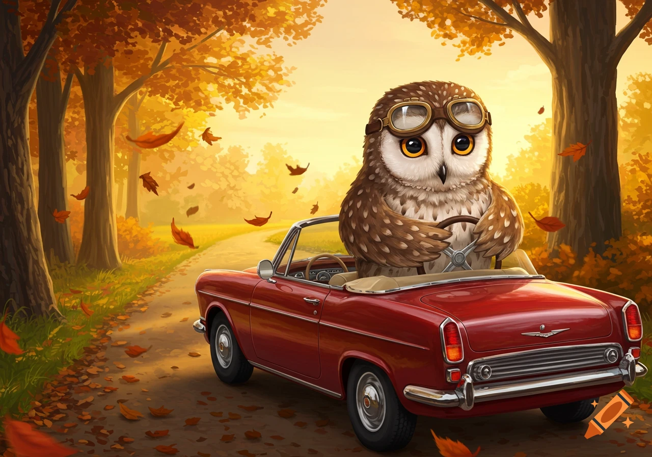 A cute owl in goggles drives a red vintage convertible car down a leaf-covered autumn road in a vibrant cartoon style.