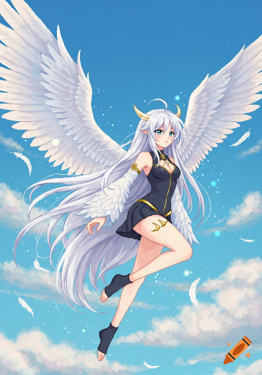 Pixel art anime harpy with white hair and large wings flying in a blue sky with clouds.