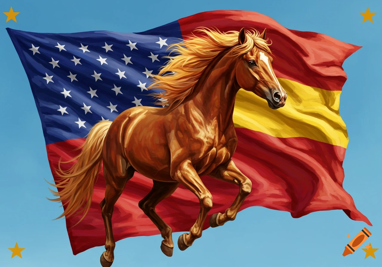 A majestic brown horse with a flowing mane gallops in front of a waving flag combining American stars and stripes with Spanish red and yellow stripes, against a blue sky.
