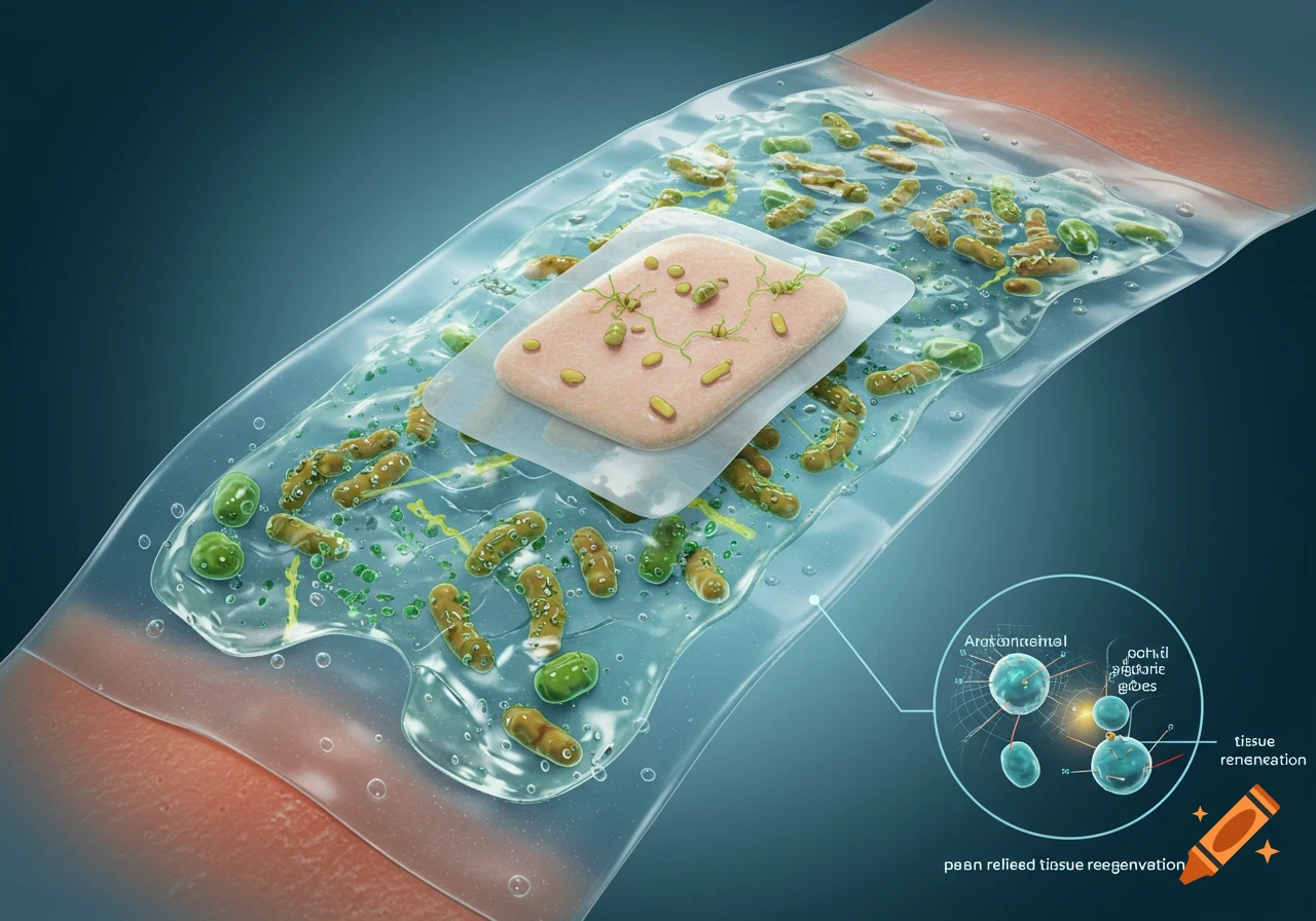 A detailed scientific illustration of a bioinspired wound dressing with embedded microorganisms and hydrogel over skin.