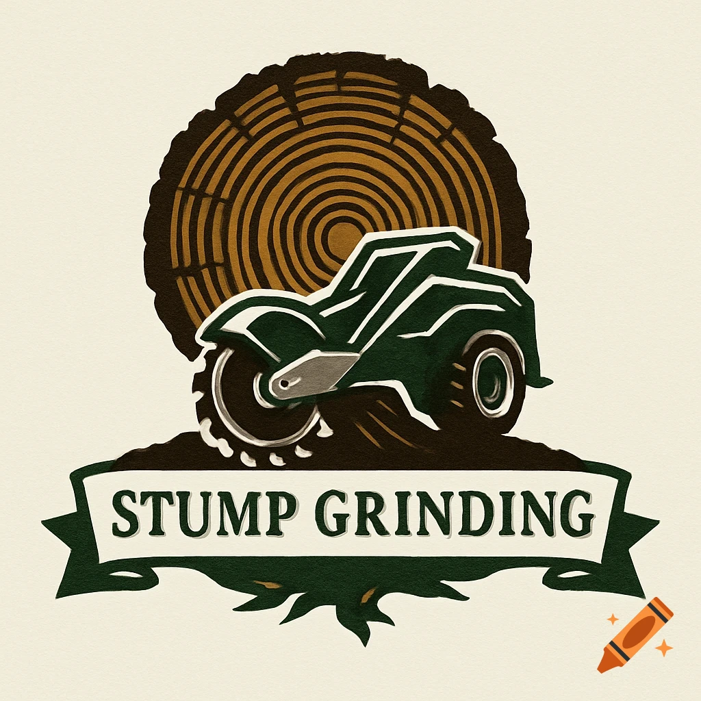 Stylized logo featuring a dark green stump grinder in front of a brown tree stump cross-section, with 'STUMP GRINDING' on a banner.