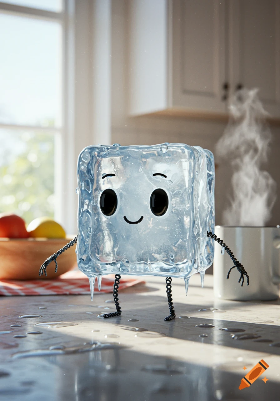 A cute, melting anthropomorphic ice cube with black eyes, mouth, and wire limbs stands on a wet kitchen counter. 3D render.