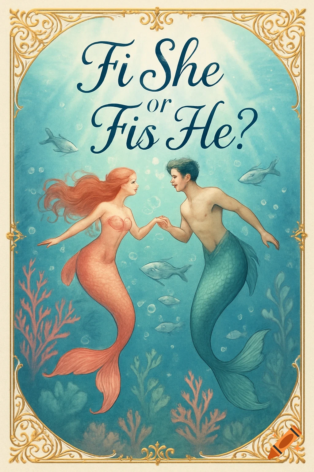 Whimsical illustration of a red-haired mermaid and a merman holding hands underwater, with the text 'Fi She or Fis He?'