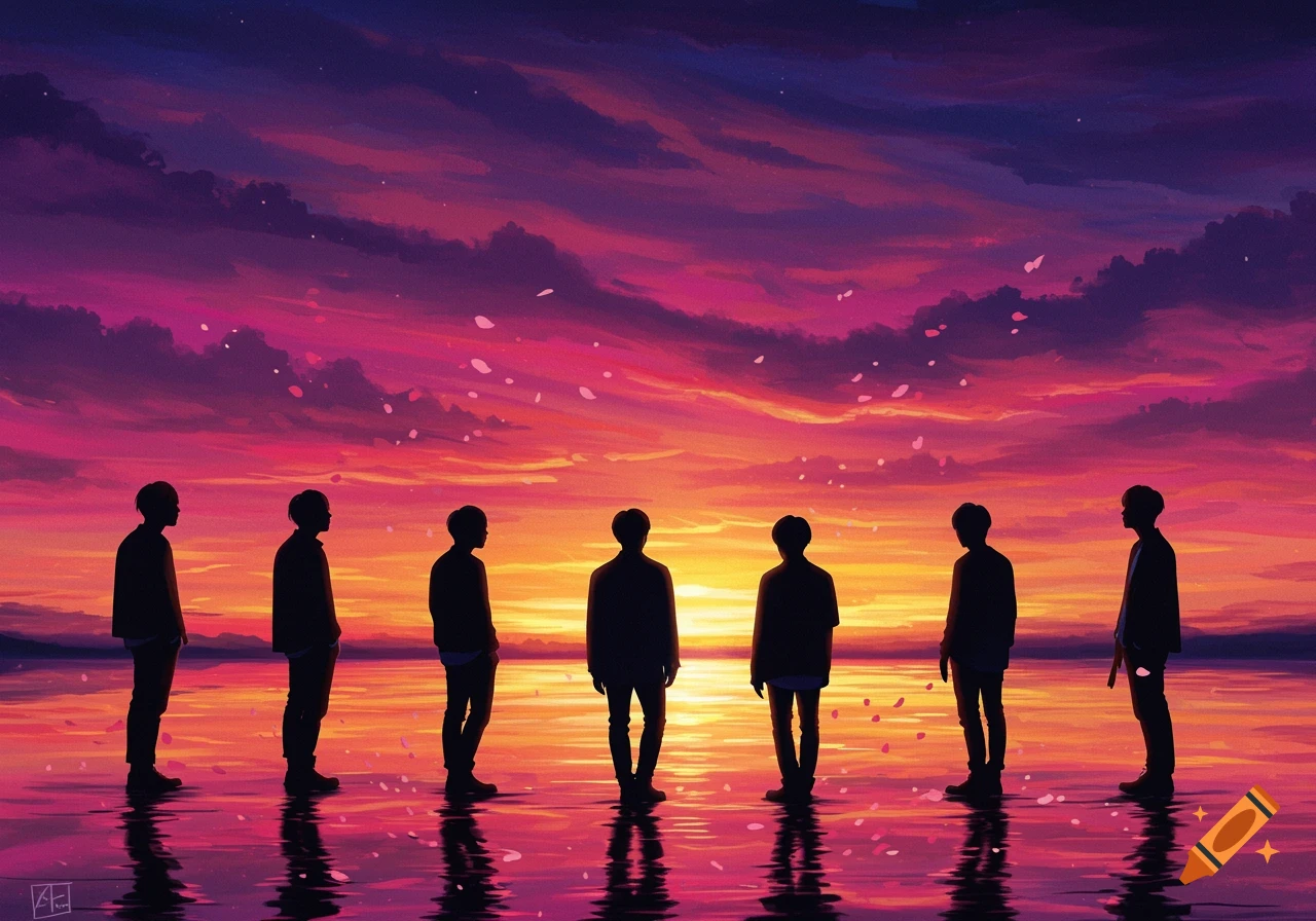 Seven figure silhouettes stand in water at sunset with falling petals, depicted in a vibrant digital painting.