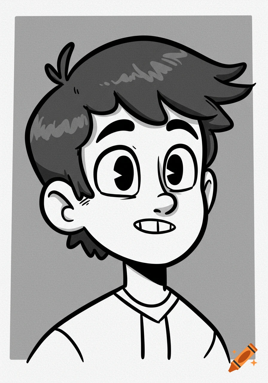 Black and white cartoon portrait of a boy with a cowlick, looking right.