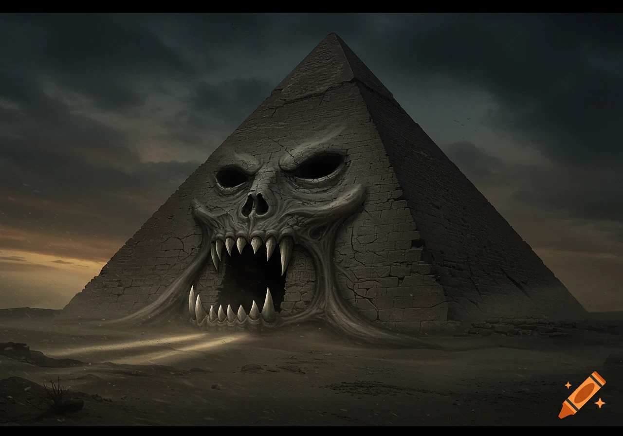 A dark, horror-themed pyramid monster with a skull face and sharp teeth in a desert landscape under a stormy sky.
