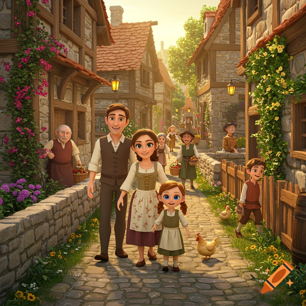 A cheerful family and villagers in a picturesque, Pixar-style European village with stone houses and vibrant flowers.