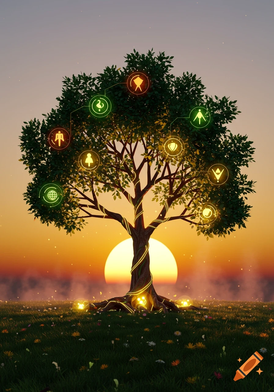 A stylized tree with glowing abstract symbols on its branches and roots, standing in a field of flowers at sunset.