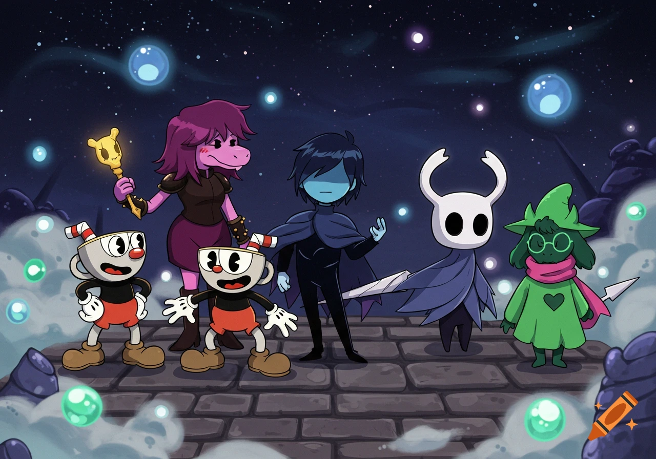 Cartoon characters Cuphead, Mugman, Susie, Kris, Hollow Knight, and Ralsei standing on a platform under a starry sky.