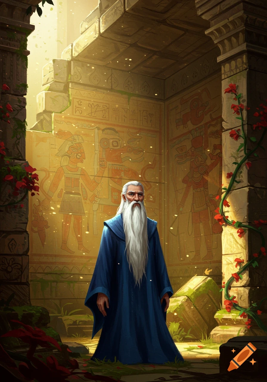 An old man with a long white beard in a blue robe stands in sunlit ancient ruins adorned with ancient carvings and red vines.