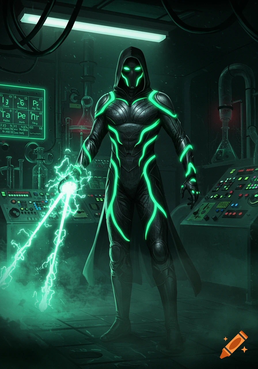 A hooded figure in a dark, glowing green futuristic suit stands in a dim laboratory, wielding green energy.