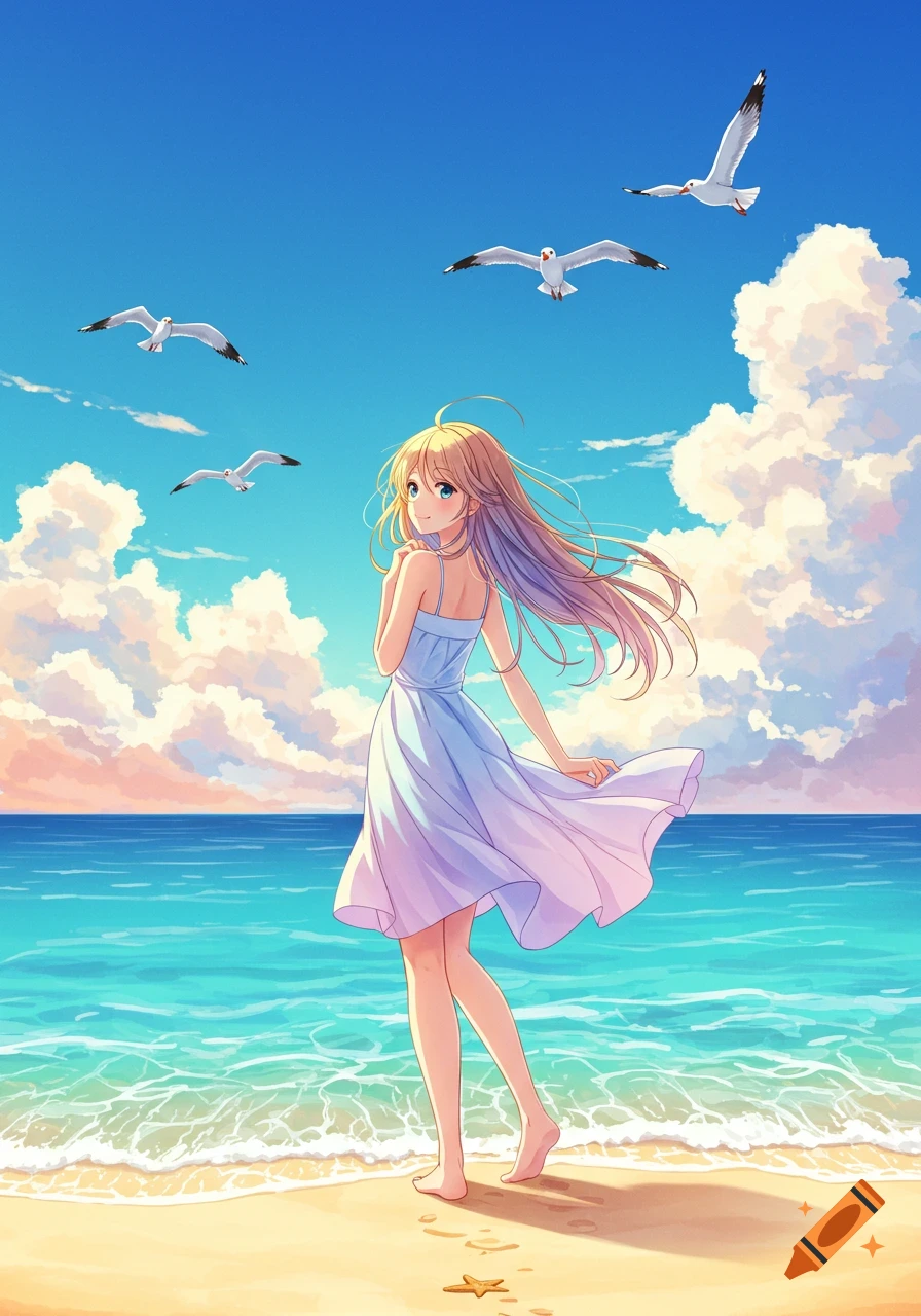 An anime girl with long blonde hair in a white dress stands on a sunny beach, looking back, with seagulls flying over the ocean.