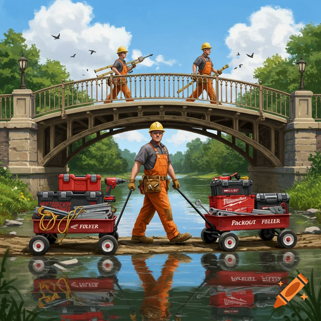 Three construction workers in orange overalls and hard hats with power tools. One pulls two wagons full of tools and toolboxes along a riverbank, while two others cross a bridge above.