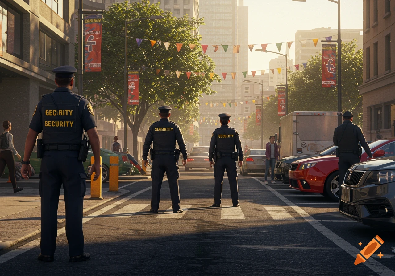 Photorealistic image of security guards standing in a city street decorated with colorful bunting, with cars parked and buildings in the background at sunset.