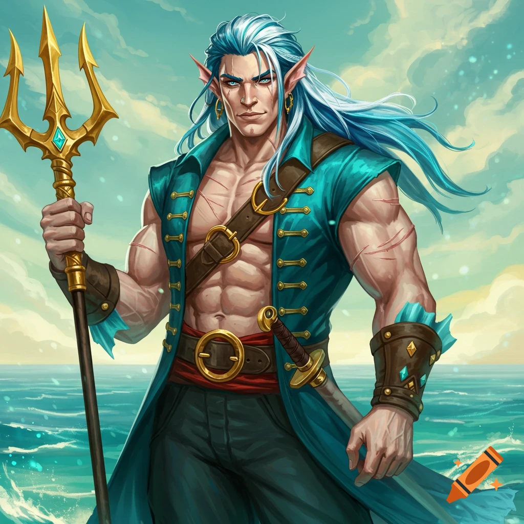 Muscular male water fae with blue hair and pointed ears, wearing a teal pirate coat, holding a golden trident by the ocean. Digital art.