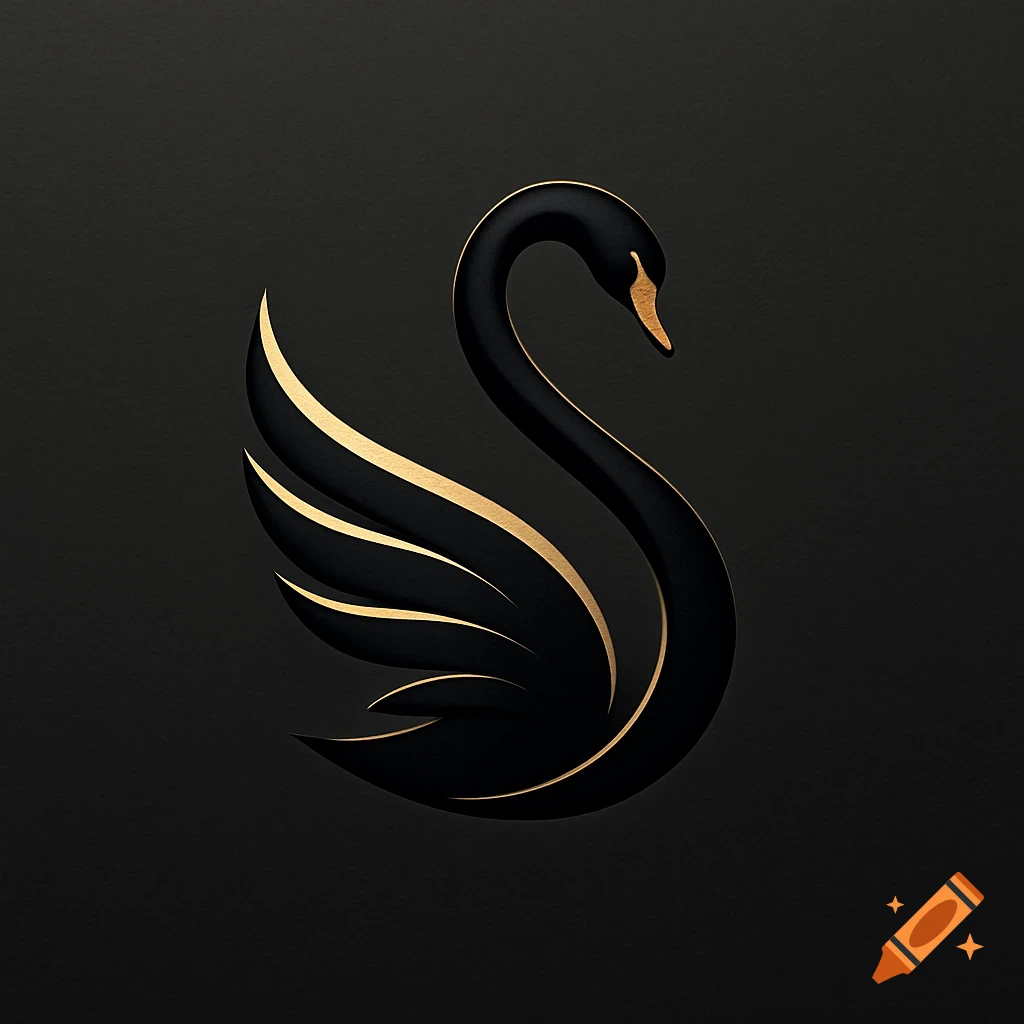 Sleek black swan logo with elegant golden accents on its beak and wing feathers, against a dark background.