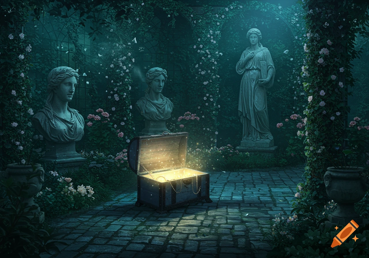 An enchanted overgrown garden at night with classical statues, a glowing open treasure chest, and a cobblestone path.