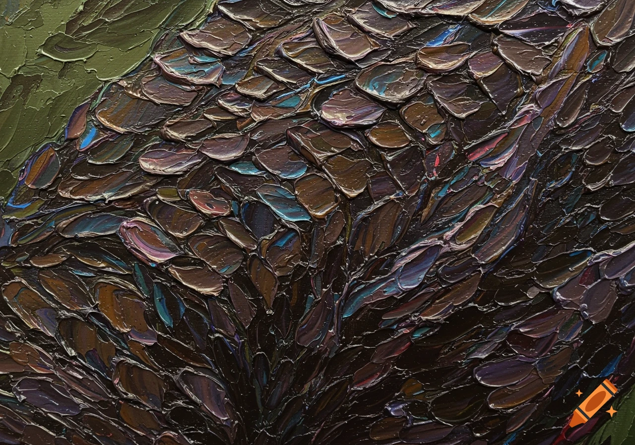Close-up abstract oil painting with thick, textured brushstrokes in dark browns, purples, and blues, creating a scaly or skin-like pattern against a green background.