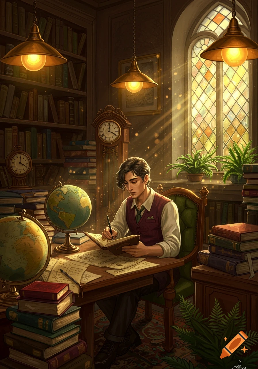 A young man studies in a warm, magical library with books, globes, antique clocks, illuminated by golden light from a window.
