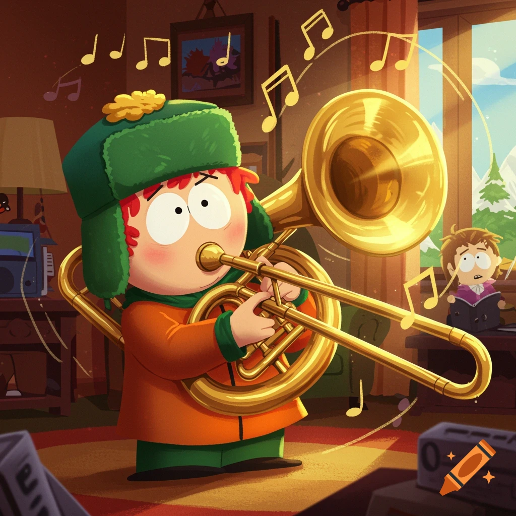 Kyle Broflovski from South Park plays a golden trombone in a stylized cartoon room.
