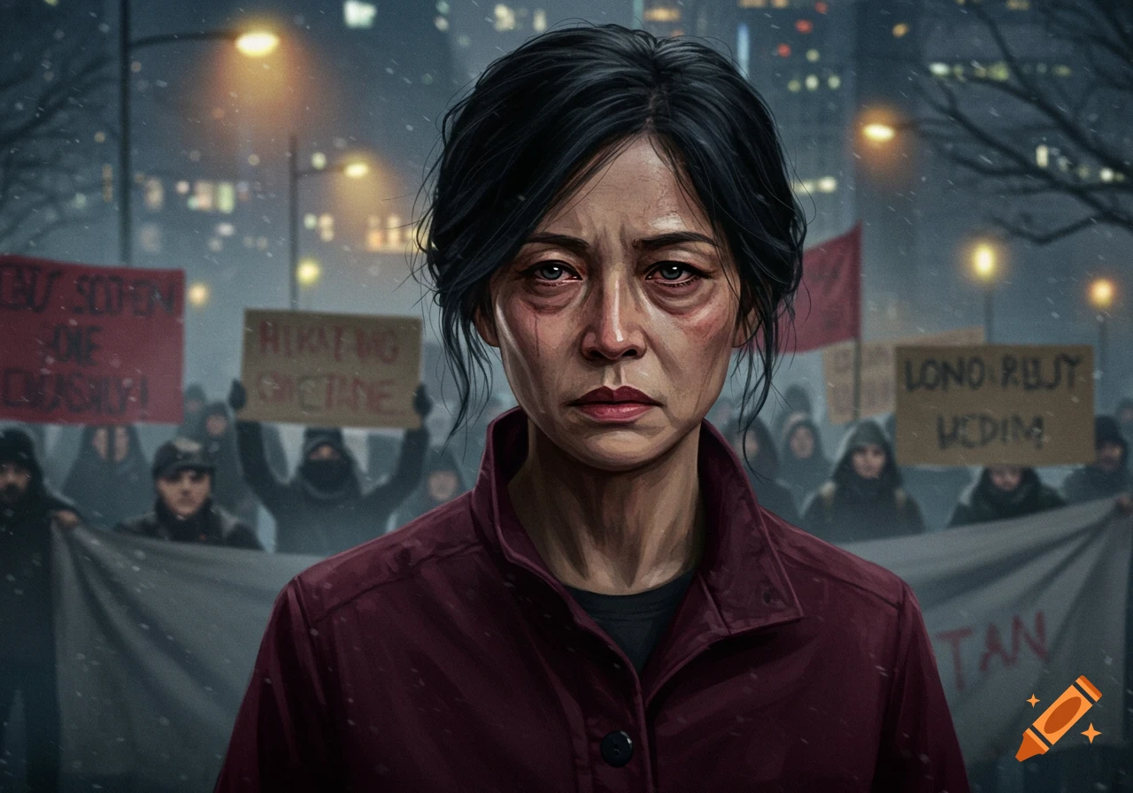 A tired woman with dark hair stands in the foreground, looking forward with a somber expression, while a protest with signs takes place behind her in a snowy city street at night.