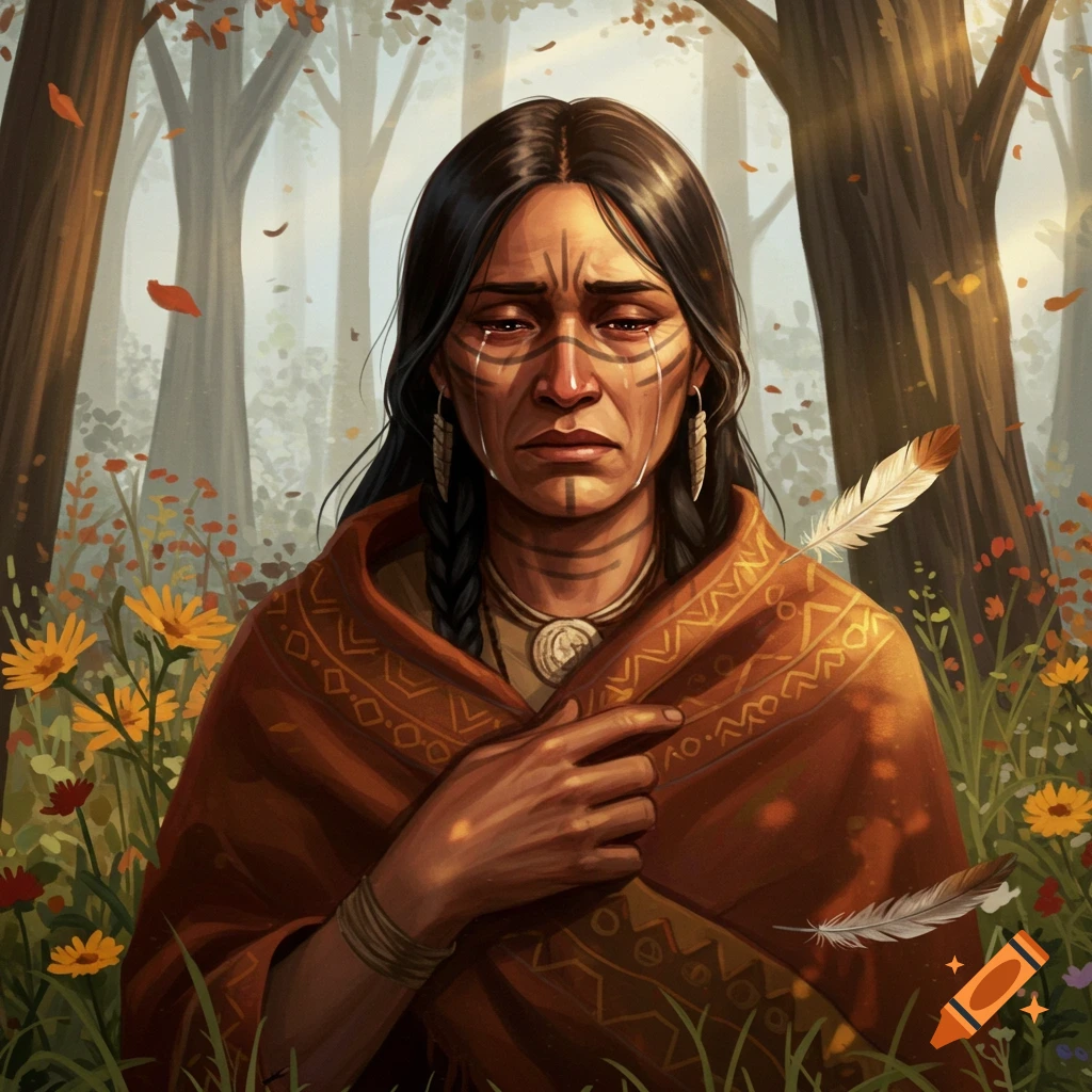 A digitally painted portrait of a sorrowful Indigenous woman with facial paint, wrapped in a patterned shawl, crying in an autumn forest.