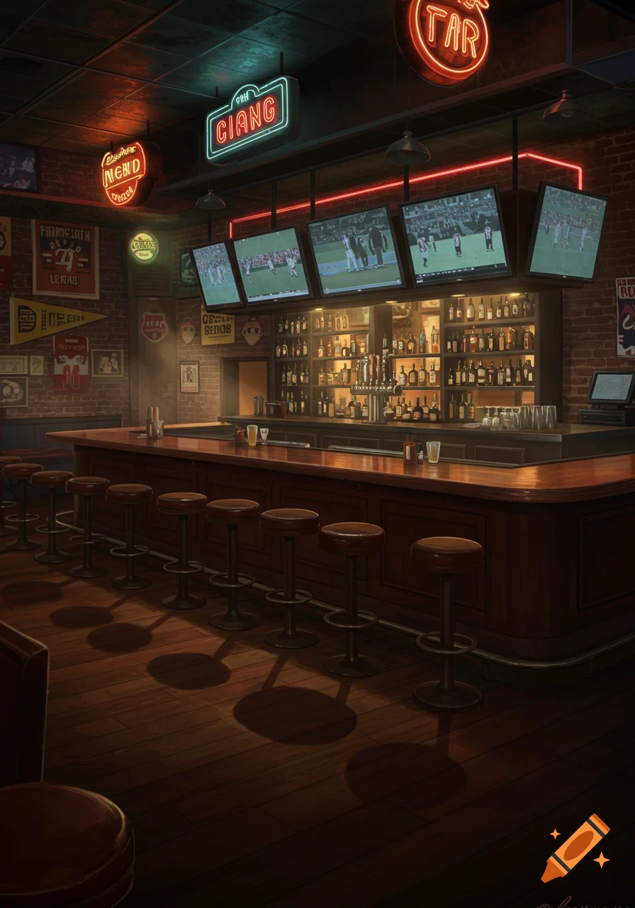 An empty, dimly lit sports bar with a long wooden counter, bar stools, neon signs, and multiple TVs showing sports games.