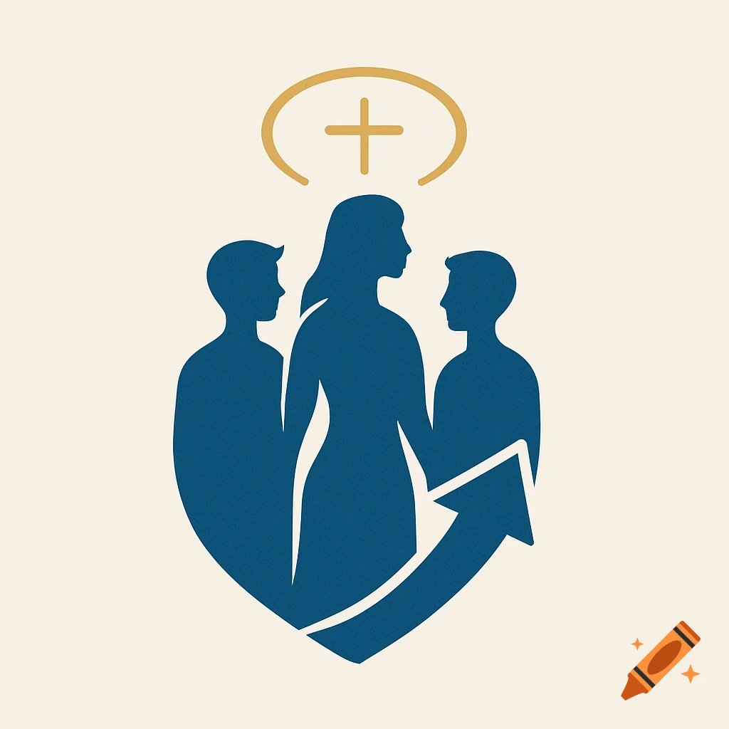 A blue logo of a woman and two younger men, forming a heart shape, with an upward arrow and a gold plus sign above.