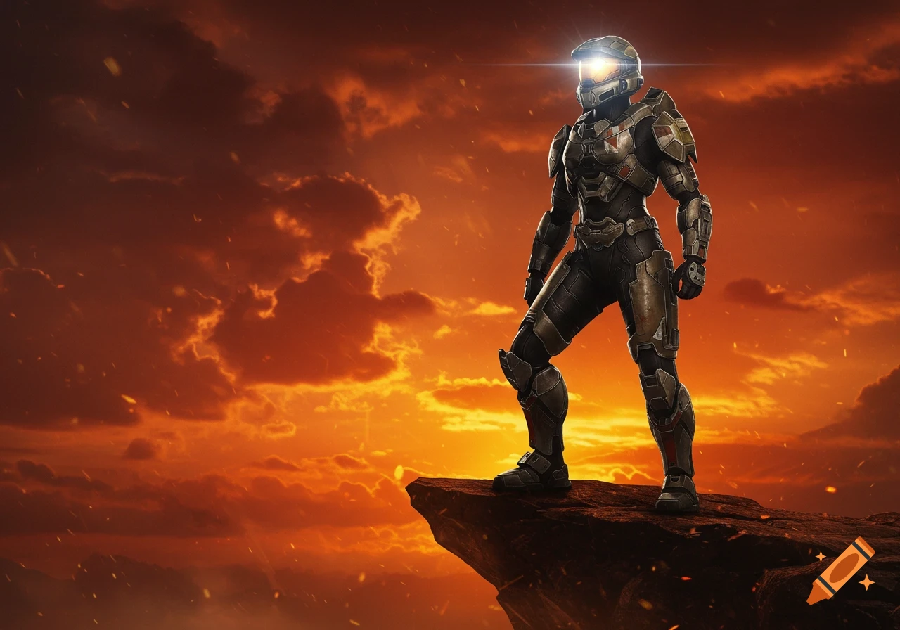 A female Spartan super-soldier in futuristic armor stands on a jagged cliff against a fiery red-orange sunset sky, her visor glowing brightly, in a dramatic, photorealistic style.