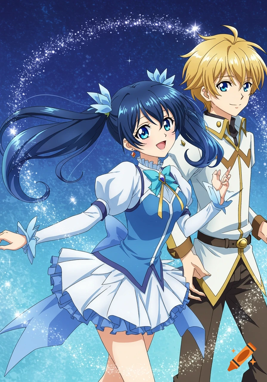 An anime girl with blue-black pigtails in a blue and white dress stands beside an anime boy in a white uniform against a starry blue sky, both smiling.