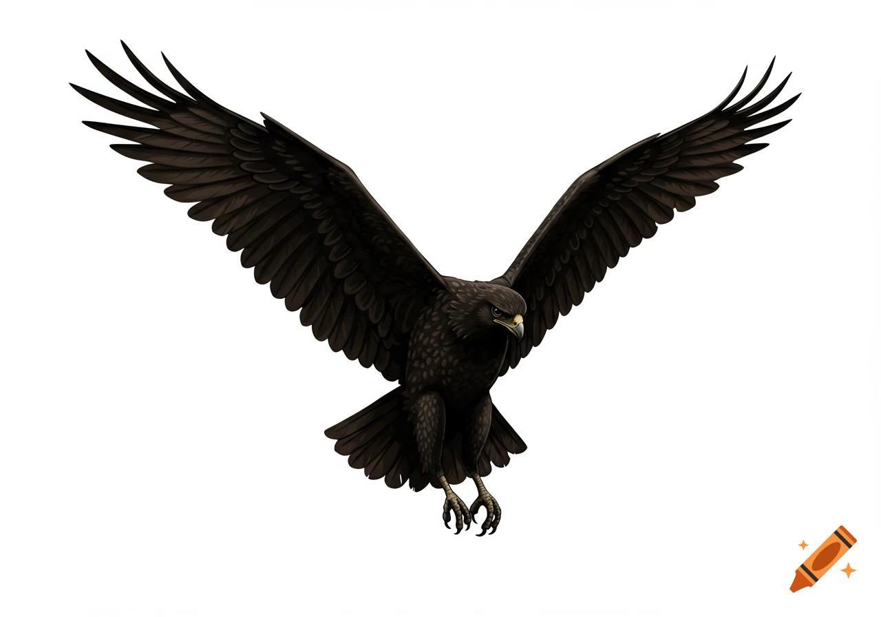 A graphic illustration of a black eagle with wings spread, soaring against a white background.