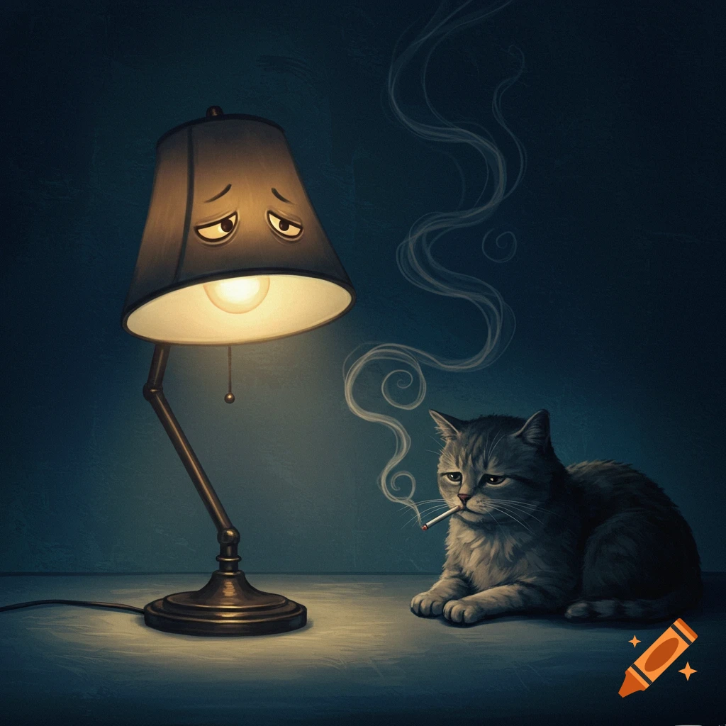 A sad desk lamp with a light on watches a melancholic cat smoking a cigarette in a dark room.
