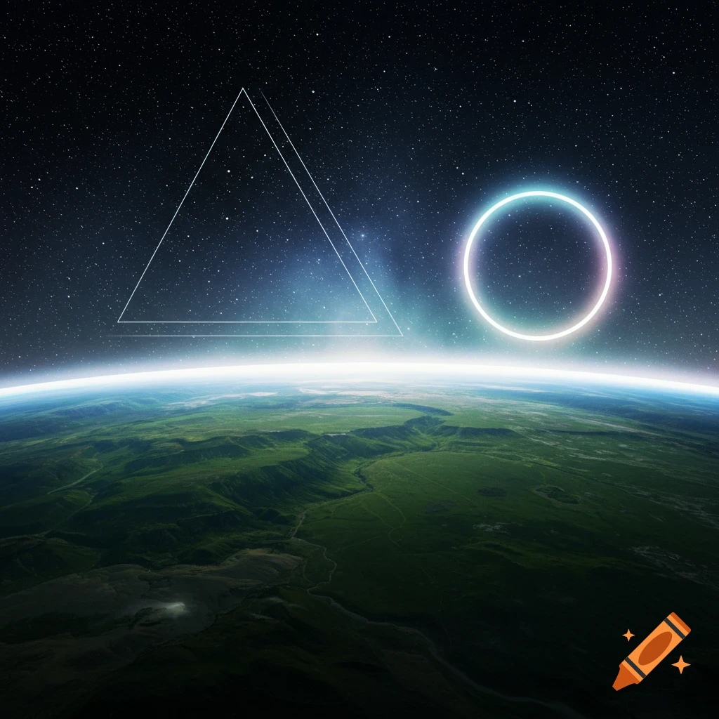 View from space of Earth's green horizon and starry sky, with a glowing white outline triangle and a glowing pink and blue circle.