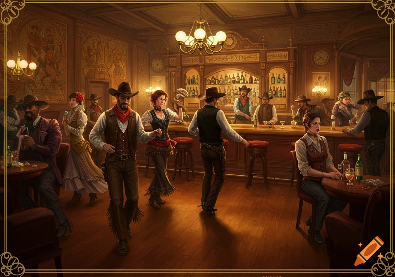 A bustling Wild West saloon scene with cowboys, cowgirls, and a bartender, rendered in a detailed, illustrative style.