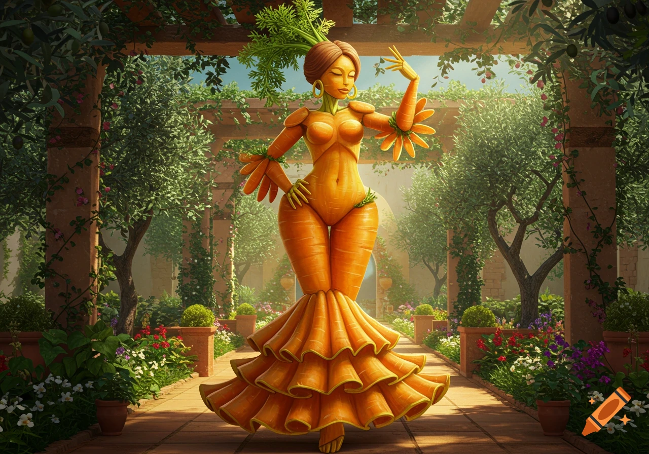An elegant, anthropomorphic woman made of carrots, with leafy green hair, stands in a lush garden arbor.