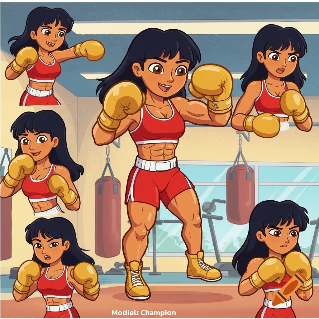 Cartoon model sheet of a muscular female boxing champion in red shorts and sports bra, with golden boxing gloves, in a gym.