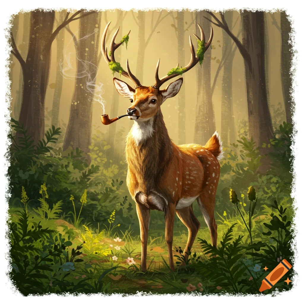 A whimsical deer with moss on its antlers stands in a sunny forest, smoking a pipe with smoke curling upwards. Illustrated art style.