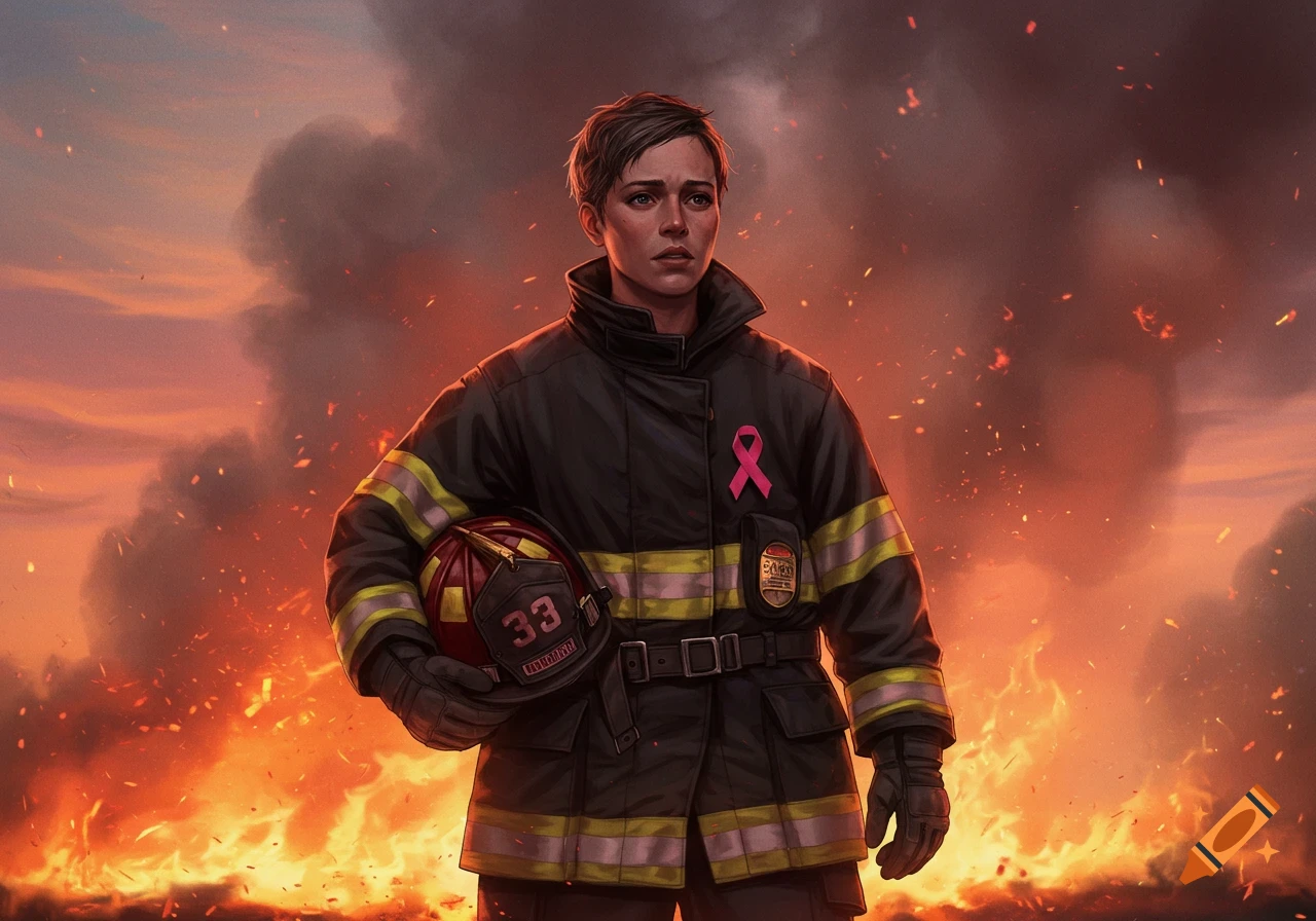 A solemn female firefighter in gear holds her helmet, a pink ribbon on her jacket, against a dramatic backdrop of fire and smoke.