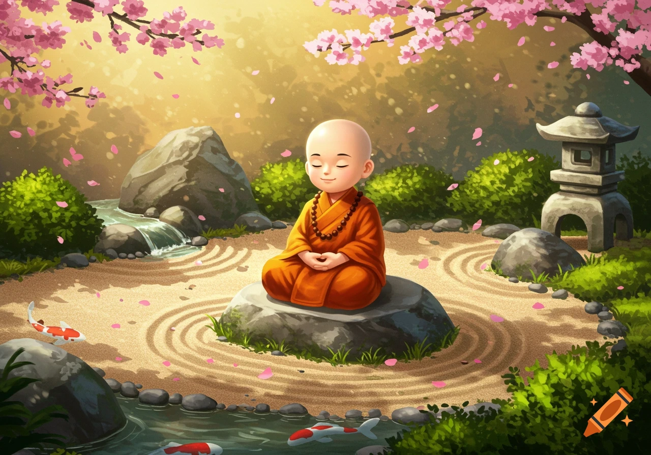 Cute cartoon illustration of a young monk meditating in a peaceful zen garden with cherry blossoms, a stream, and koi fish.