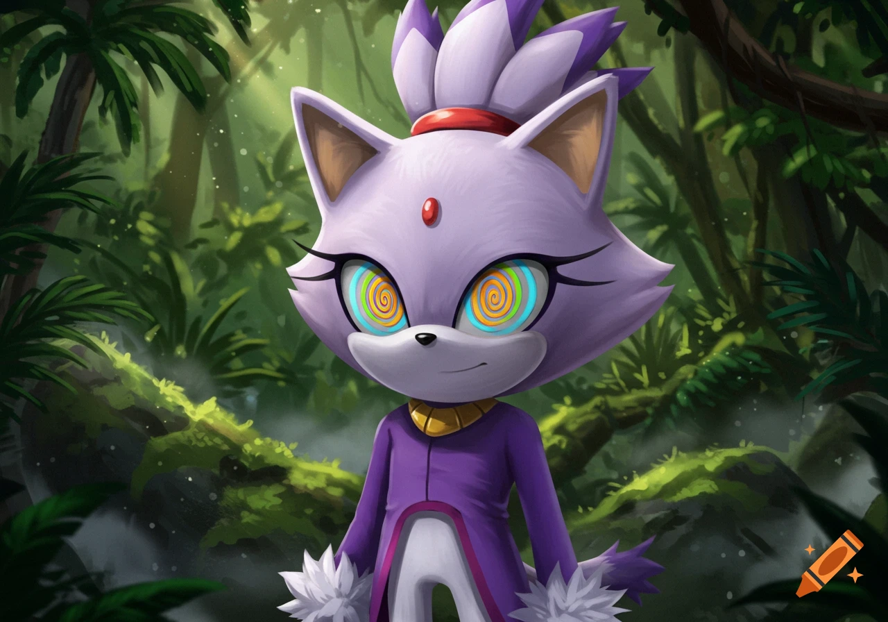 Blaze the Cat with mesmerizing spiral eyes and a smug expression in a lush jungle.