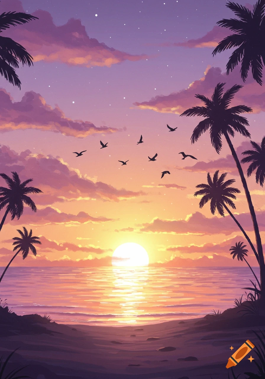 Digital art of a vibrant tropical sunset over the ocean, with silhouetted palm trees and flying birds.