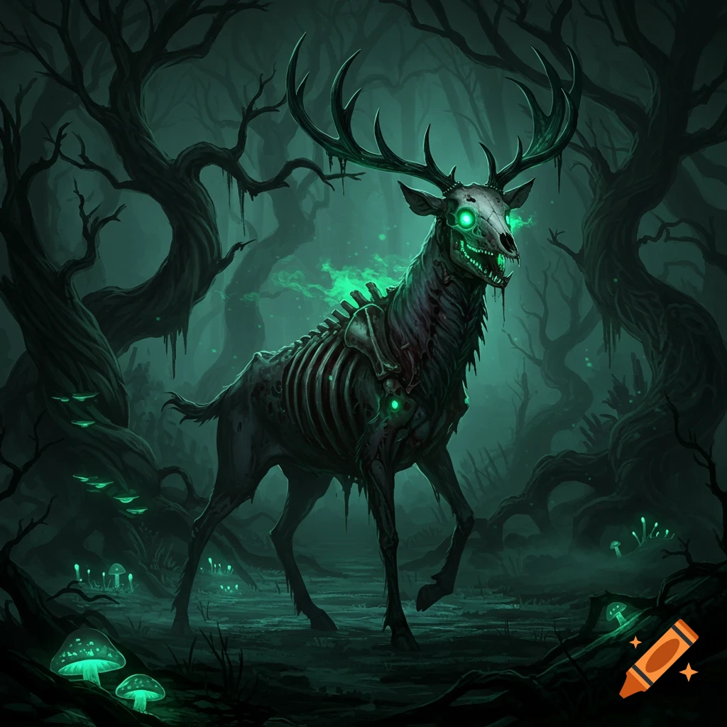 A skeletal, undead deer with glowing green eyes and ribs stands in a dark, misty forest with bioluminescent mushrooms.