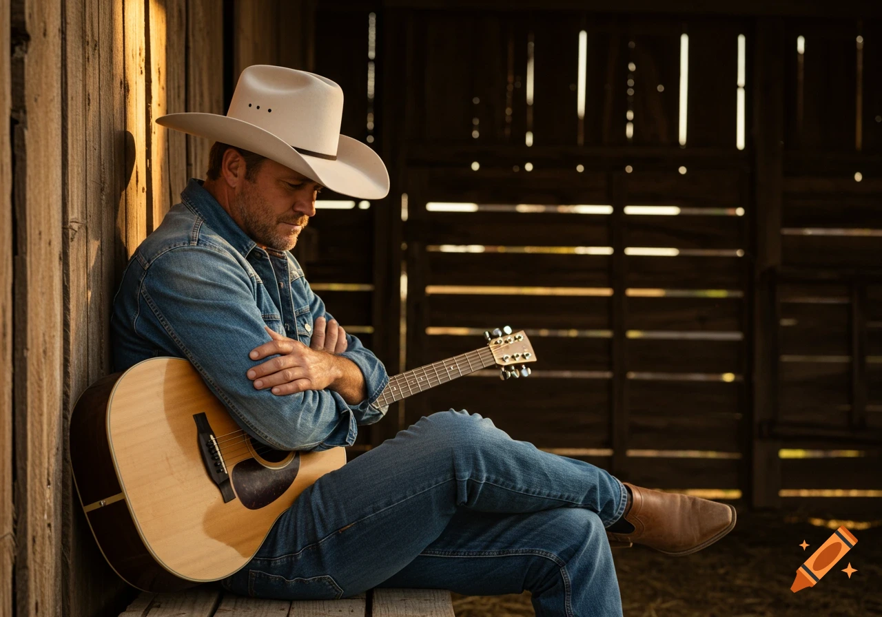 A man dressed as a cowboy, wearing a white hat and denim, sits leaning against a wooden wall with an acoustic guitar. Photorealistic.
