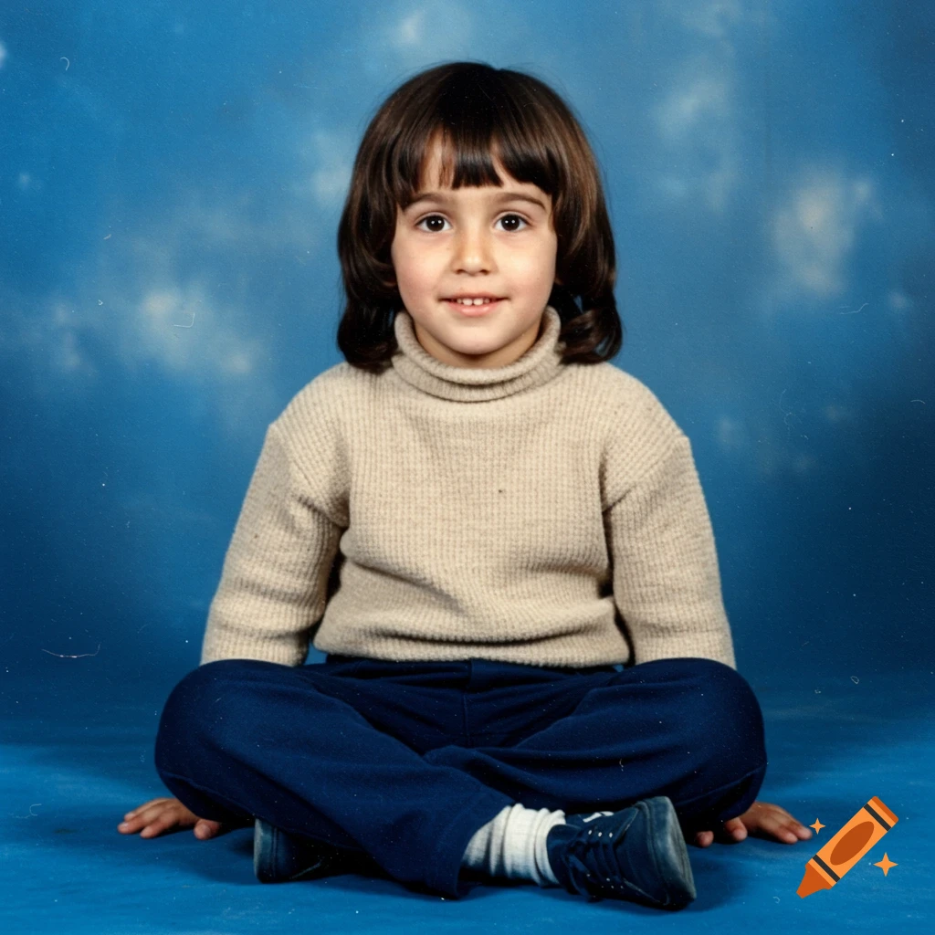 Young child with brown hair and hazel eyes, wearing a beige turtleneck and blue pants, sits cross-legged against a blue background in a 1990s style photo.