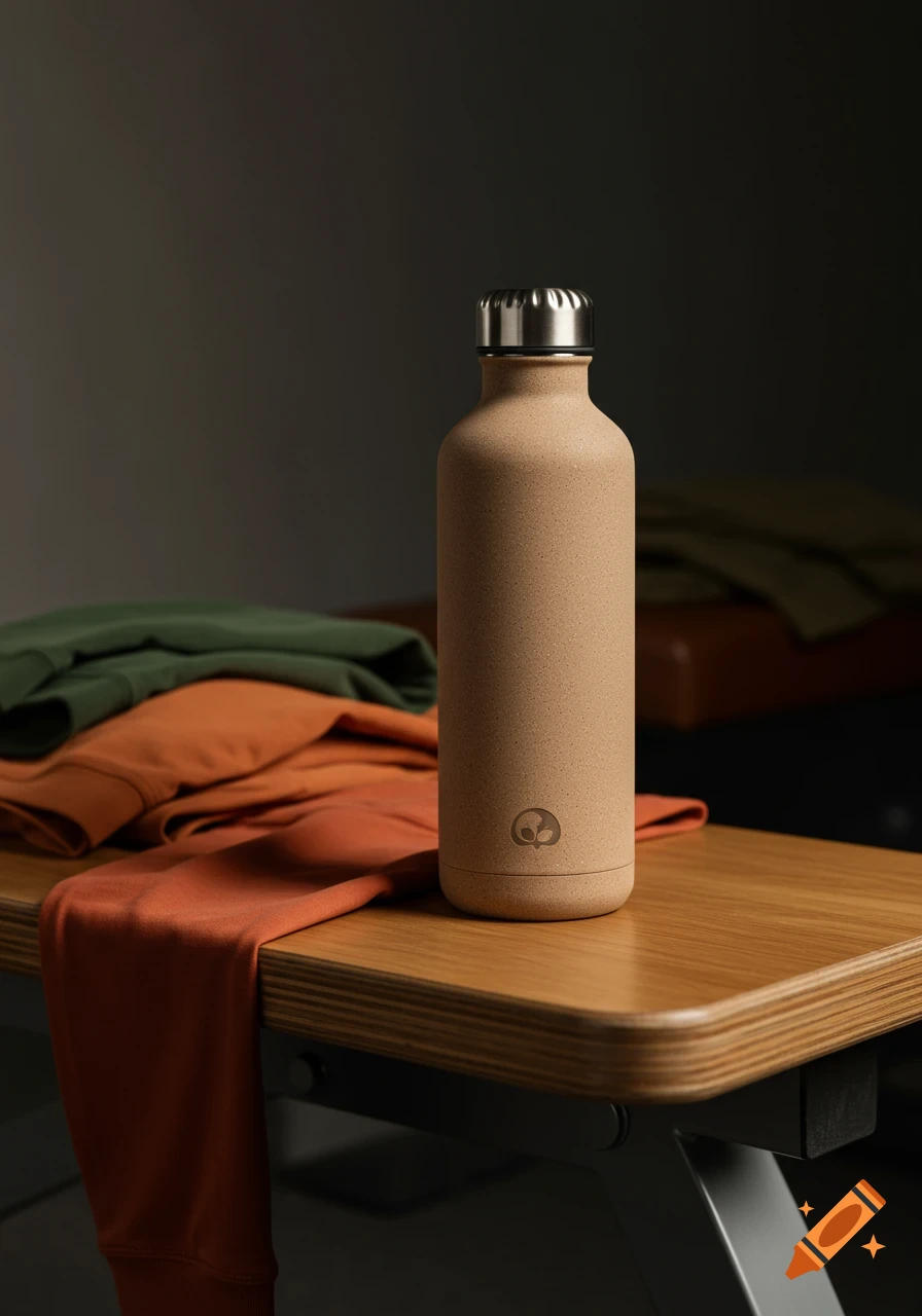 A beige, textured water bottle with a silver cap on a wooden gym bench with folded green and orange workout clothes. Photorealistic.