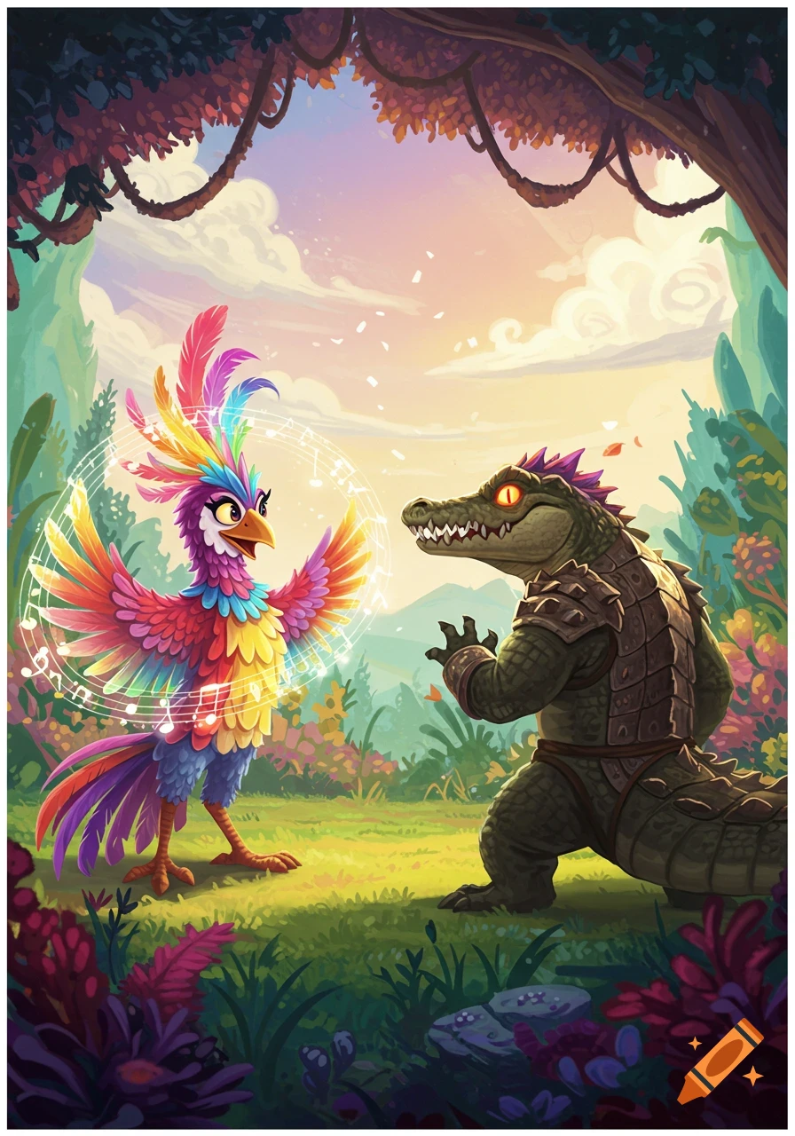 A vibrant, colorful bird with music notes floating around it sings to a green armored alligator in a lush, cartoon-style jungle.
