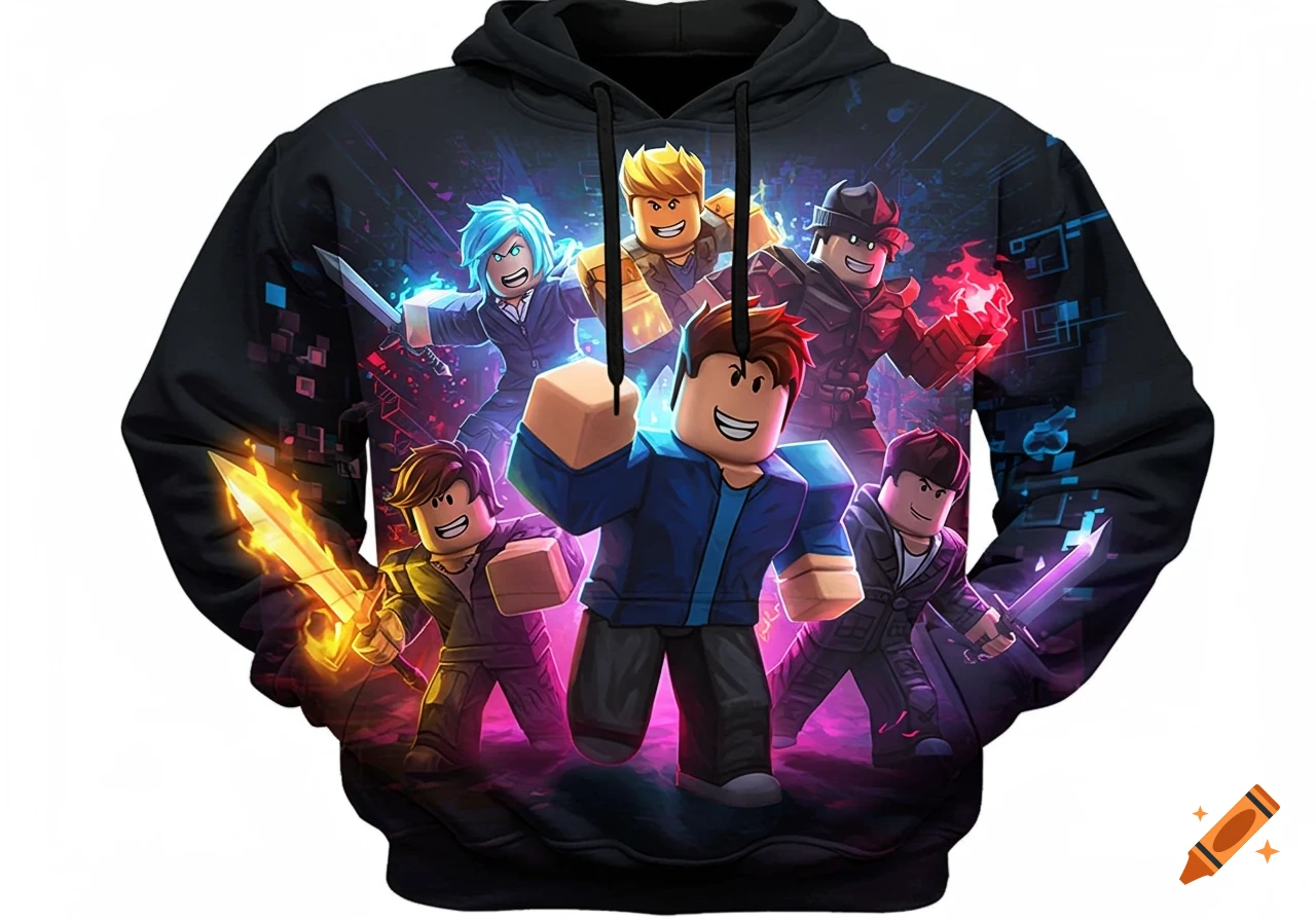 A black hoodie featuring a vibrant graphic print of multiple Roblox characters in dynamic, action poses with glowing weapons and effects.