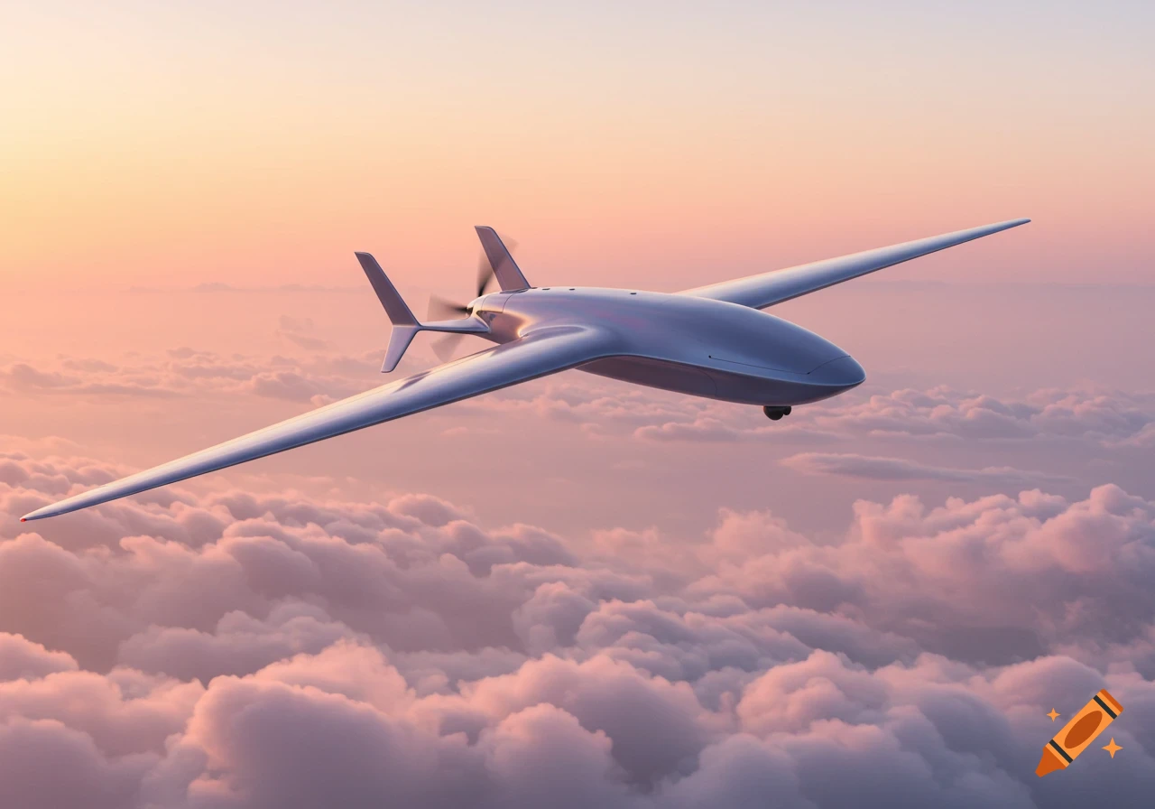 A sleek, futuristic fused-wing drone flies above pink and orange clouds at sunset.