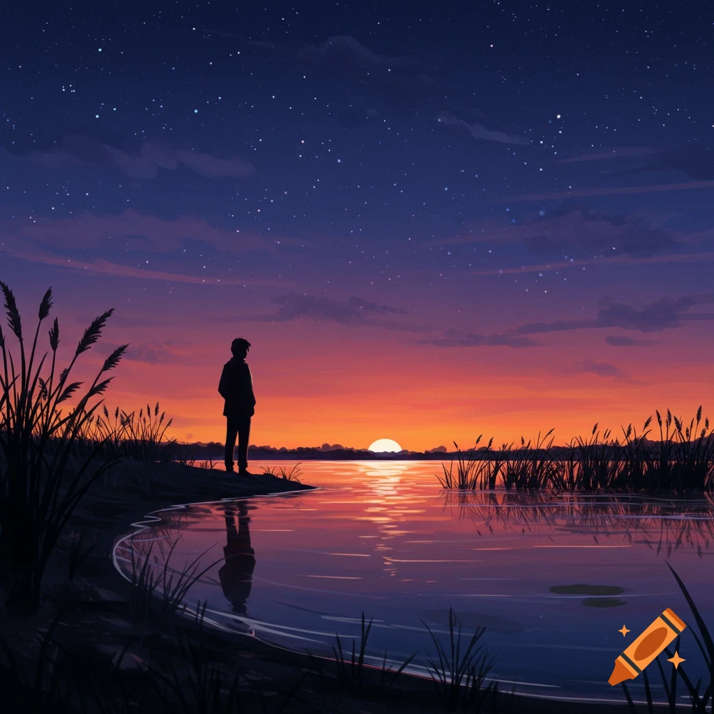Silhouette of a person standing by a lake at sunset under a starry night sky, in an illustrated style.