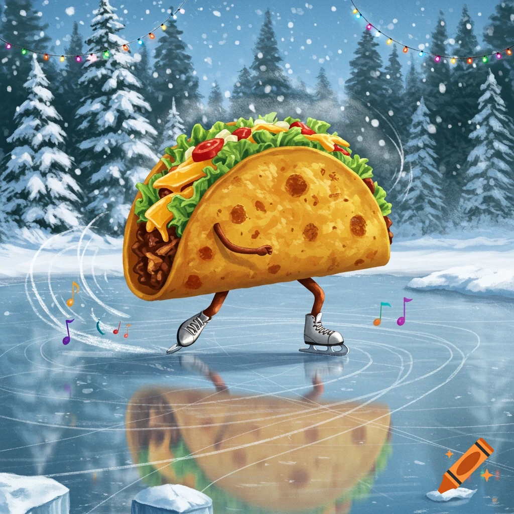 A happy cartoon taco ice skating on a frozen pond in a snowy forest under string lights, with musical notes floating around.